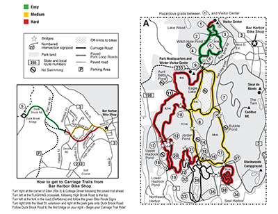 Bar Harbor Bicycle Carriage Road Map with highlighted bike rides